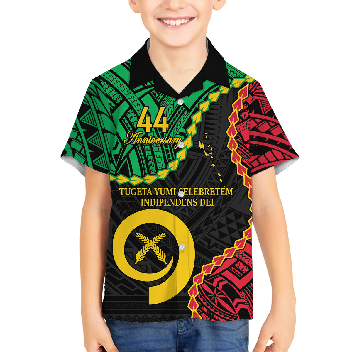 Personalised Vanuatu 44th Anniversary Family Matching Off Shoulder Short Dress and Hawaiian Shirt Tugeta Yumi Selebretem Indipendens Dei LT9 Son's Shirt Black - Polynesian Pride