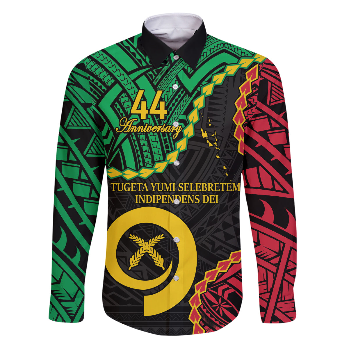 Personalised Vanuatu 44th Anniversary Family Matching Puletasi and Hawaiian Shirt Tugeta Yumi Selebretem Indipendens Dei LT9 Dad's Shirt - Long Sleeve Black - Polynesian Pride