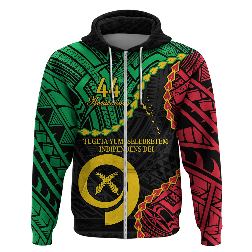 Personalised Vanuatu 44th Anniversary Hoodie Tugeta Yumi Selebretem Indipendens Dei LT9 Zip Hoodie Black - Polynesian Pride