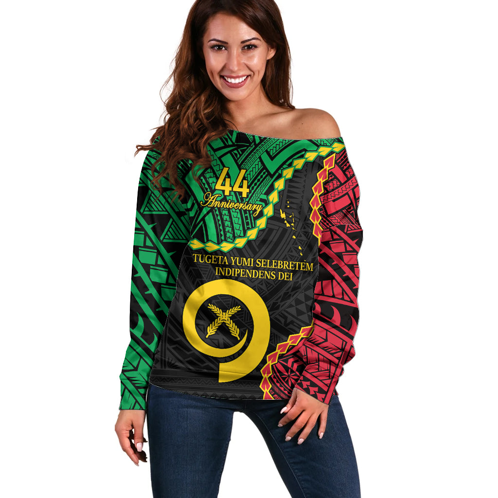 Personalised Vanuatu 44th Anniversary Off Shoulder Sweater Tugeta Yumi Selebretem Indipendens Dei LT9 Women Black - Polynesian Pride