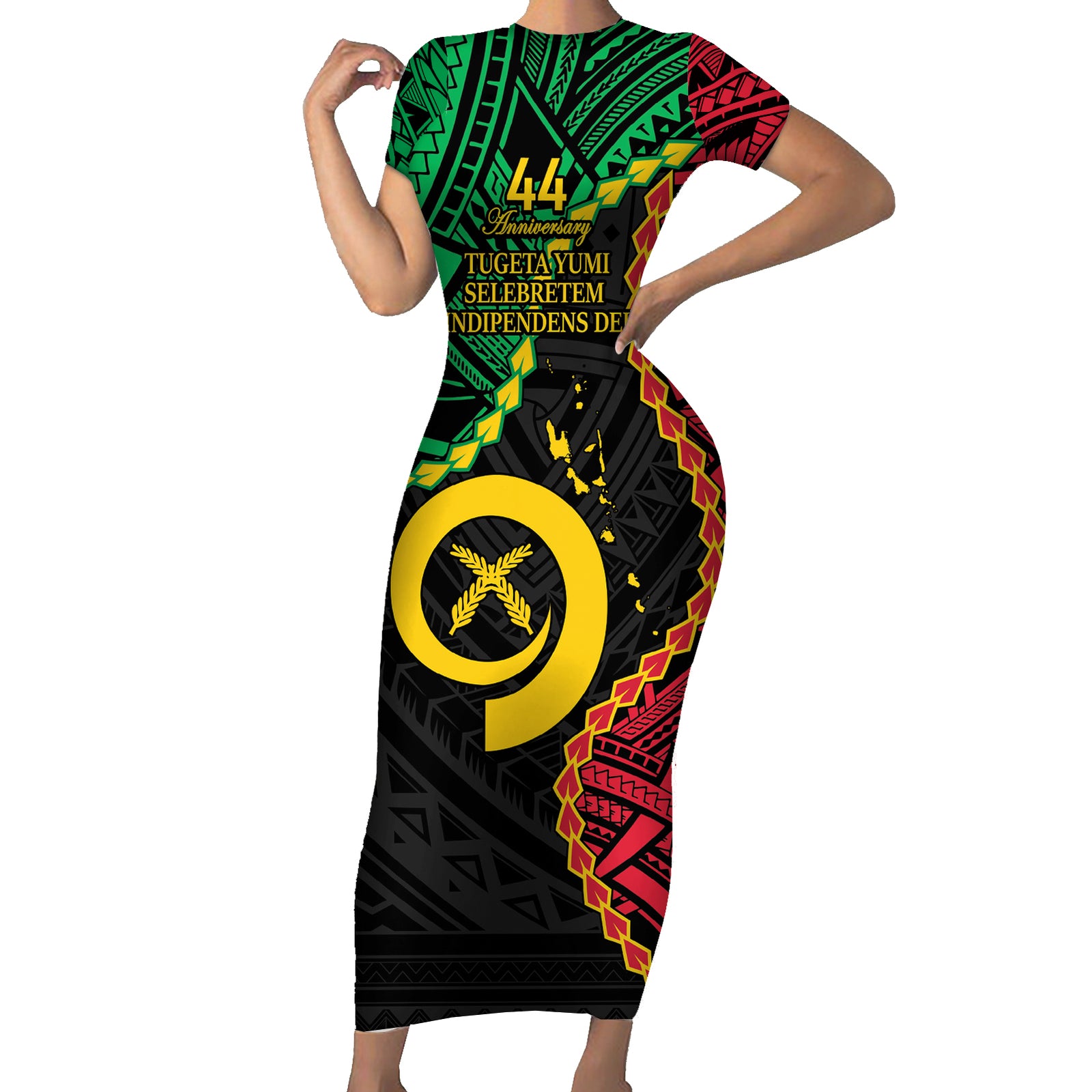 Personalised Vanuatu 44th Anniversary Short Sleeve Bodycon Dress Tugeta Yumi Selebretem Indipendens Dei