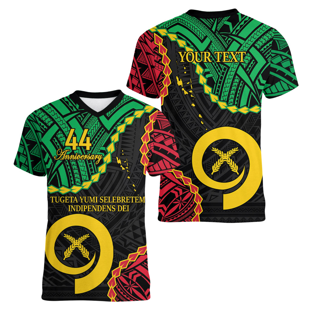 Personalised Vanuatu 44th Anniversary Women V-Neck T-Shirt Tugeta Yumi Selebretem Indipendens Dei
