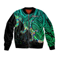 Aotearoa Papua Shell Sleeve Zip Bomber Jacket Maori Tribal Pattern LT9 Unisex Green - Polynesian Pride
