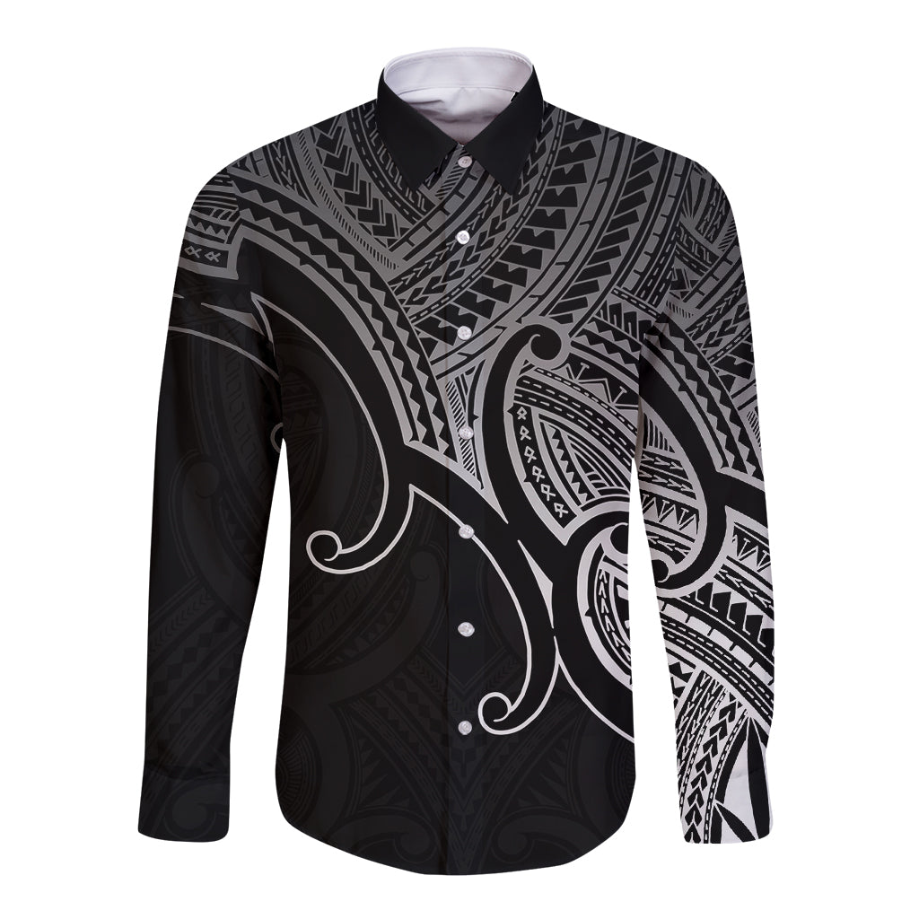 Aotearoa Maori Koru Long Sleeve Button Shirt Polynesian Pacific Tribal - Black LT9 Unisex Black - Polynesian Pride