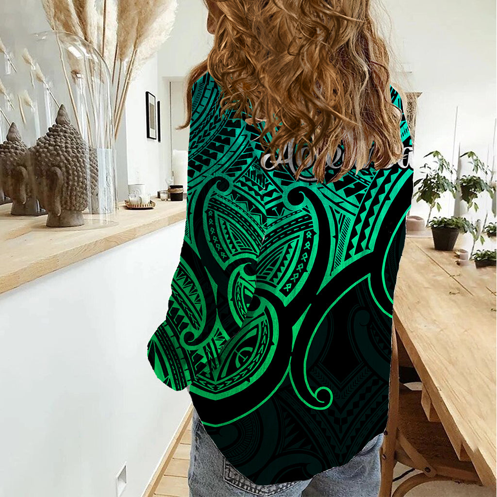 Aotearoa Maori Koru Women Casual Shirt Polynesian Pacific Tribal - Green LT9 - Polynesian Pride