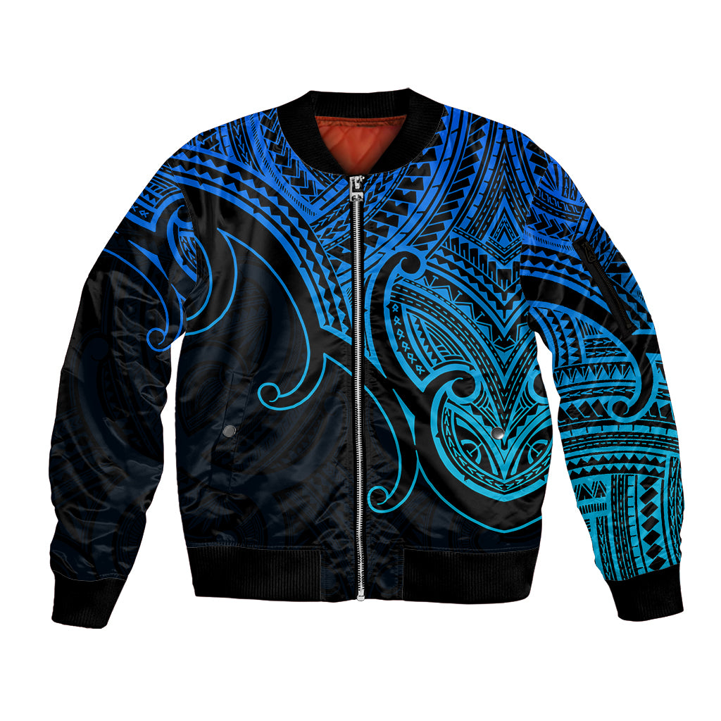 Custom Aotearoa Maori Koru Sleeve Zip Bomber Jacket Polynesian Pacific Tribal - Blue LT9 Unisex Blue - Polynesian Pride