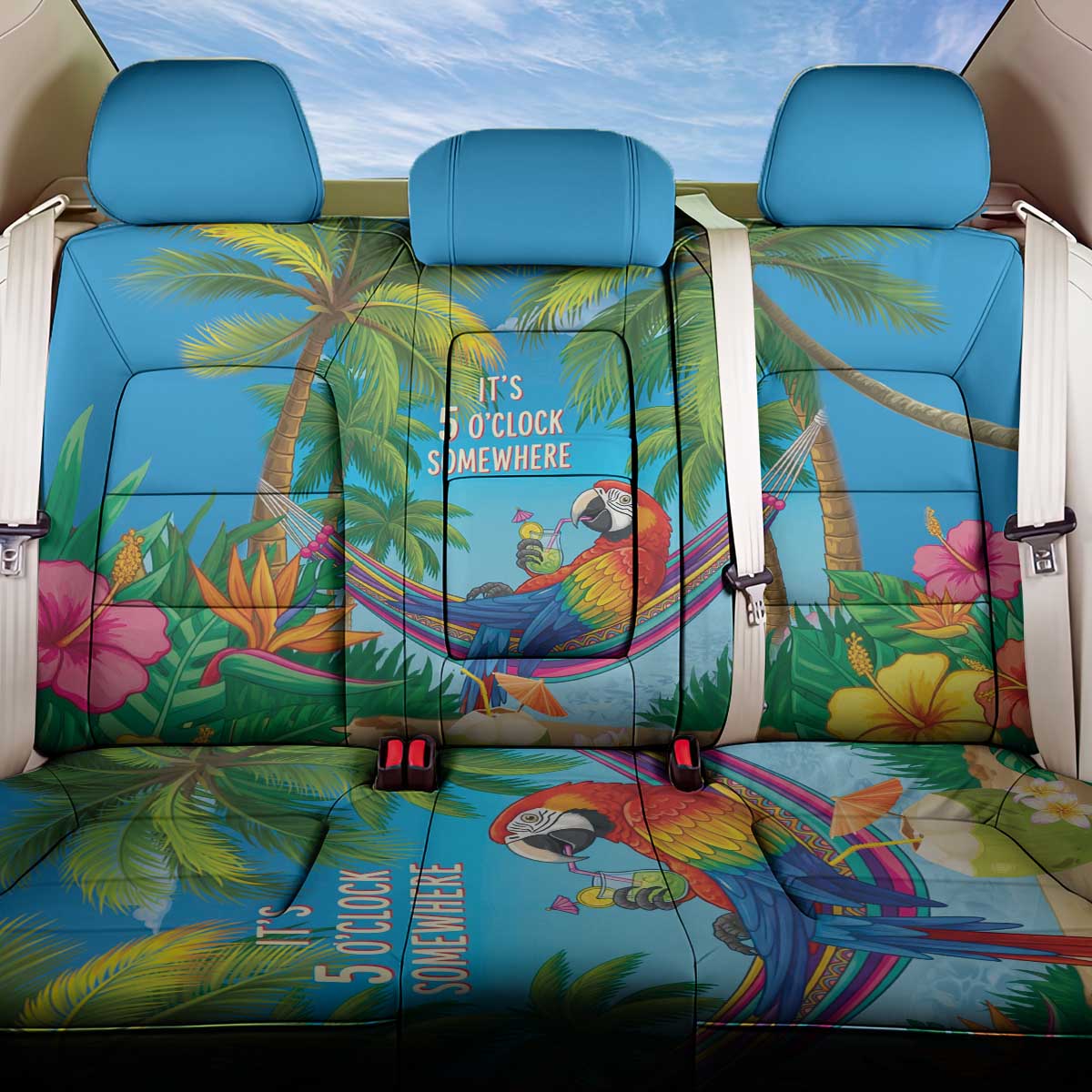 5 Oclock Somewhere Back Car Seat Cover Hawaii Parrots Cocktail Summer Beach Vibe - Polynesian Pride