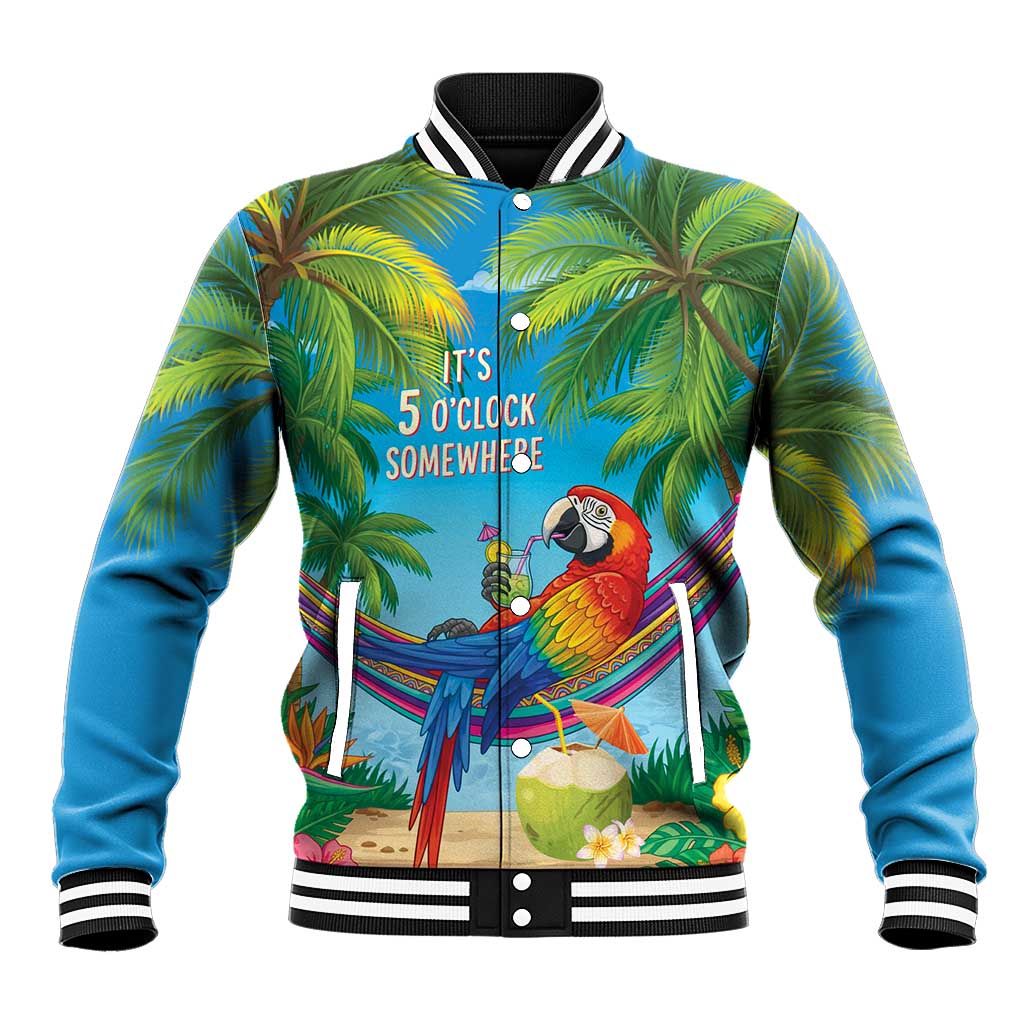 5 Oclock Somewhere Baseball Jacket Hawaii Parrots Cocktail Summer Beach Vibe - Polynesian Pride