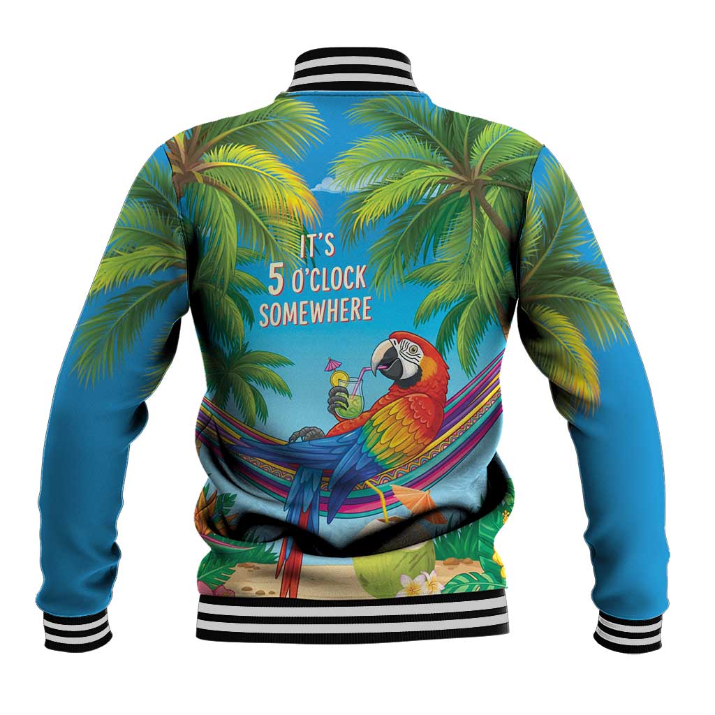 5 Oclock Somewhere Baseball Jacket Hawaii Parrots Cocktail Summer Beach Vibe - Polynesian Pride