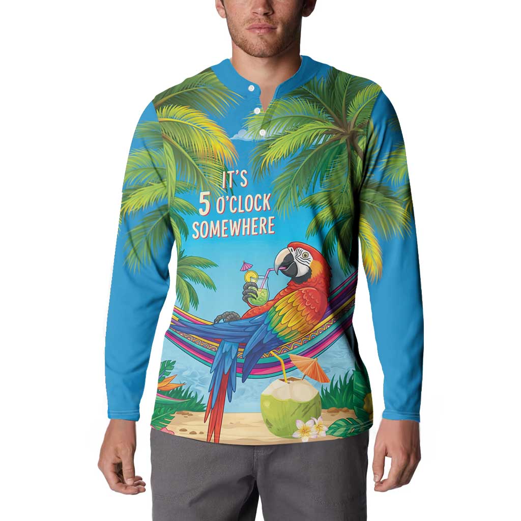5 Oclock Somewhere Button Sweatshirt Hawaii Parrots Cocktail Summer Beach Vibe - Polynesian Pride