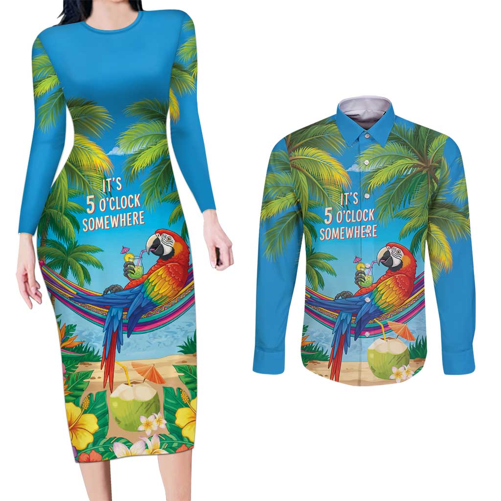 5 Oclock Somewhere Couples Matching Long Sleeve Bodycon Dress and Long Sleeve Button Shirt Hawaii Parrots Cocktail Summer Beach Vibe - Polynesian Pride