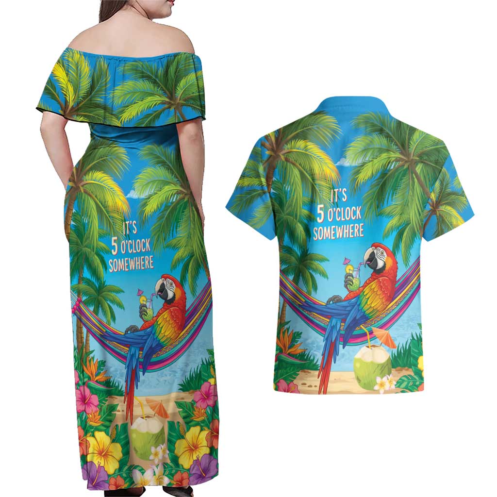 5 Oclock Somewhere Couples Matching Off Shoulder Maxi Dress and Hawaiian Shirt Hawaii Parrots Cocktail Summer Beach Vibe - Polynesian Pride