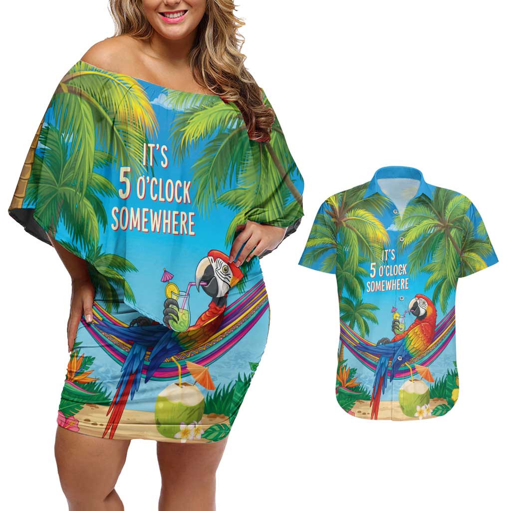5 Oclock Somewhere Couples Matching Off Shoulder Short Dress and Hawaiian Shirt Hawaii Parrots Cocktail Summer Beach Vibe - Polynesian Pride