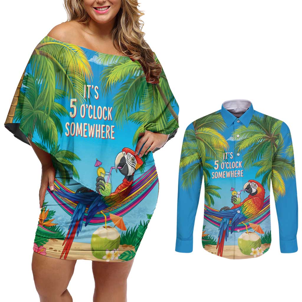 5 Oclock Somewhere Couples Matching Off Shoulder Short Dress and Long Sleeve Button Shirt Hawaii Parrots Cocktail Summer Beach Vibe - Polynesian Pride