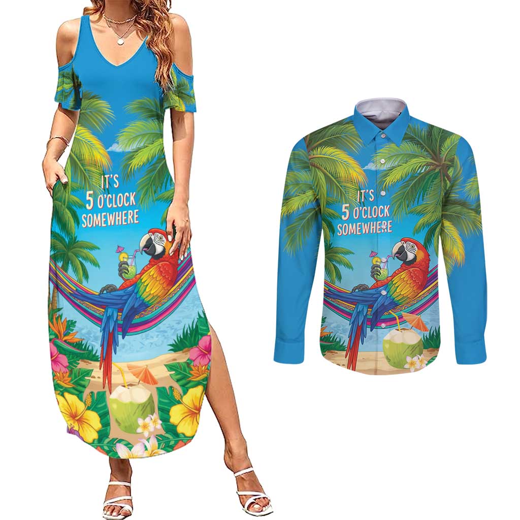 5 Oclock Somewhere Couples Matching Summer Maxi Dress and Long Sleeve Button Shirt Hawaii Parrots Cocktail Summer Beach Vibe - Polynesian Pride