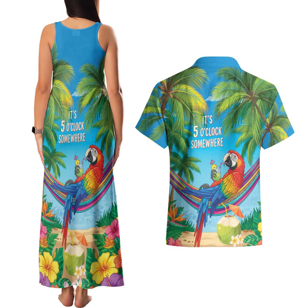 5 Oclock Somewhere Couples Matching Tank Maxi Dress and Hawaiian Shirt Hawaii Parrots Cocktail Summer Beach Vibe - Polynesian Pride