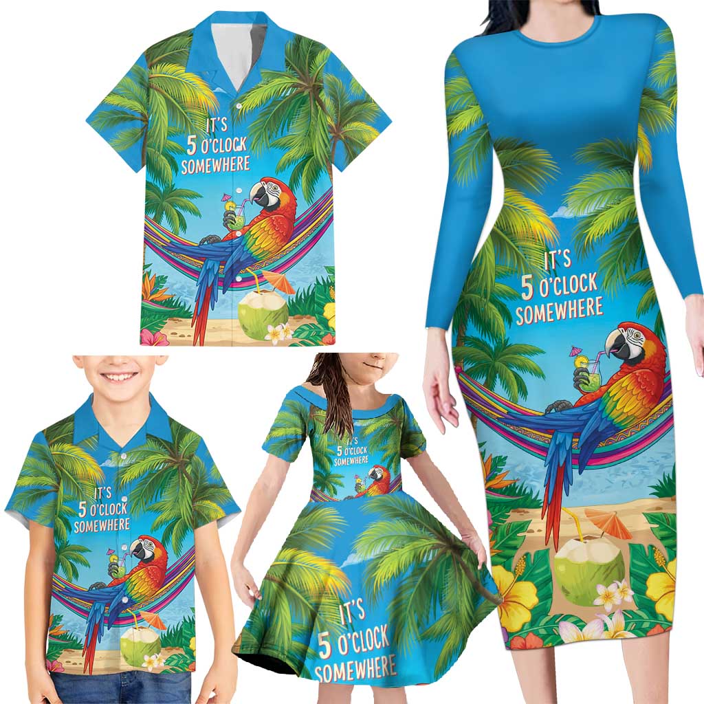 5 Oclock Somewhere Family Matching Long Sleeve Bodycon Dress and Hawaiian Shirt Hawaii Parrots Cocktail Summer Beach Vibe - Polynesian Pride