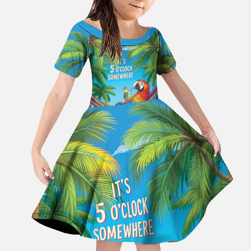 5 Oclock Somewhere Family Matching Mermaid Dress and Hawaiian Shirt Hawaii Parrots Cocktail Summer Beach Vibe LT9 Daughter's Dress Blue - Polynesian Pride