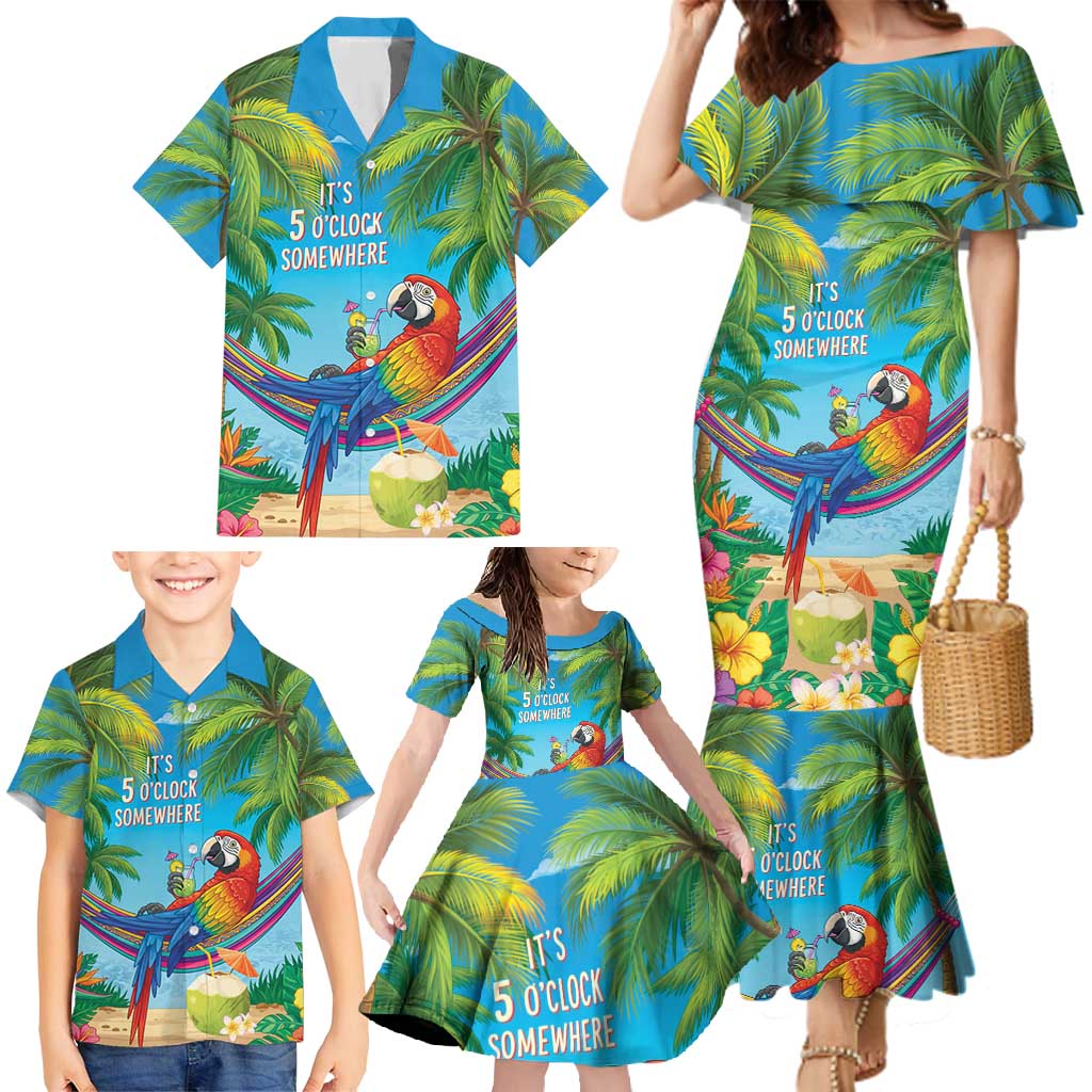 5 Oclock Somewhere Family Matching Mermaid Dress and Hawaiian Shirt Hawaii Parrots Cocktail Summer Beach Vibe - Polynesian Pride