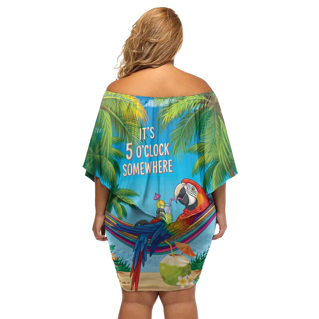 5 Oclock Somewhere Family Matching Off Shoulder Short Dress and Hawaiian Shirt Hawaii Parrots Cocktail Summer Beach Vibe - Polynesian Pride