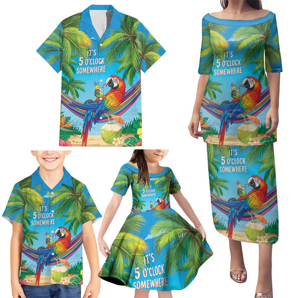 5 Oclock Somewhere Family Matching Puletasi and Hawaiian Shirt Hawaii Parrots Cocktail Summer Beach Vibe - Polynesian Pride