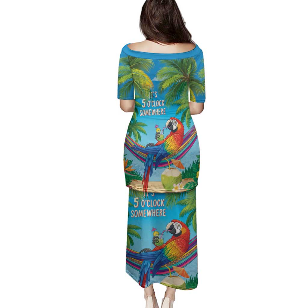 5 Oclock Somewhere Family Matching Puletasi and Hawaiian Shirt Hawaii Parrots Cocktail Summer Beach Vibe - Polynesian Pride