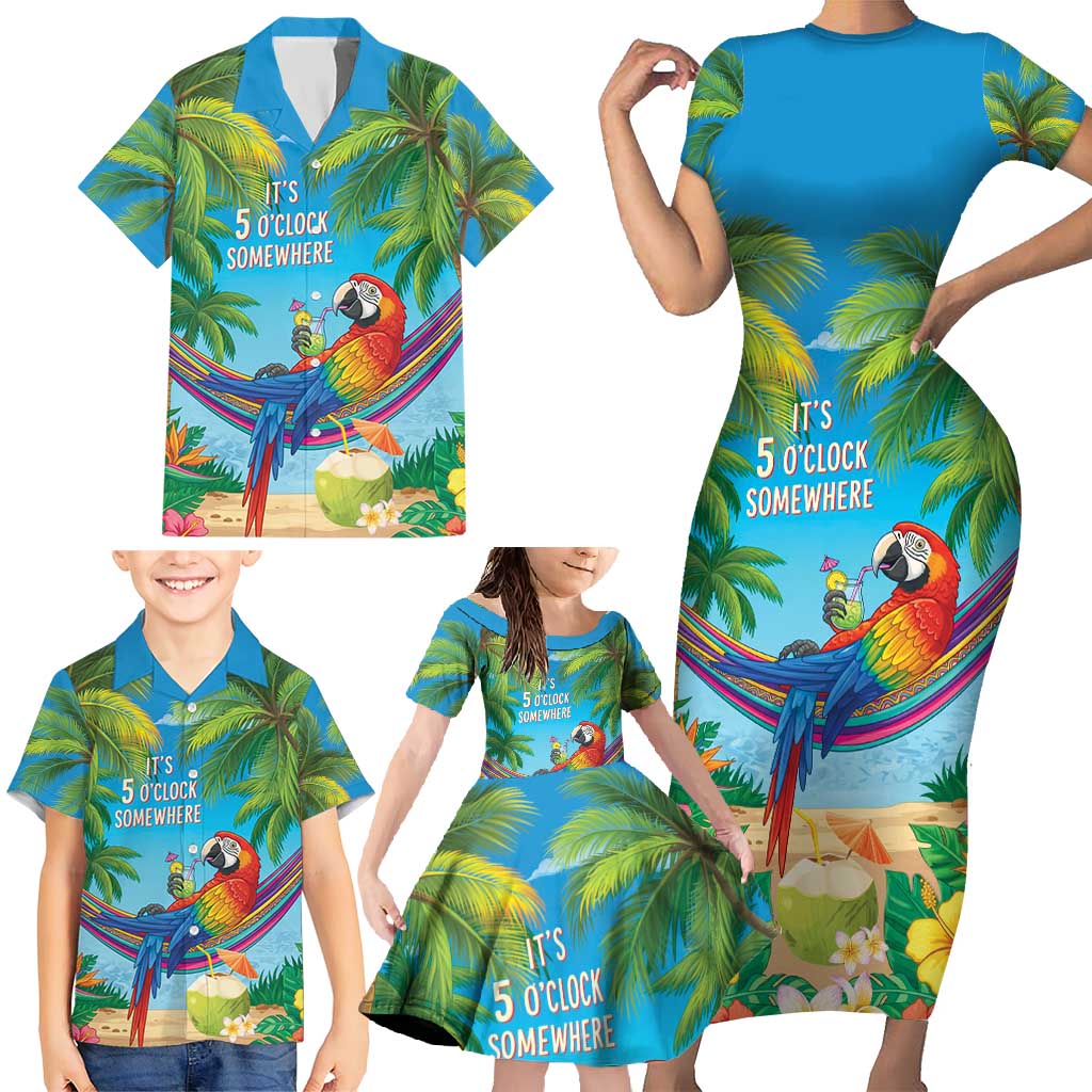 5 Oclock Somewhere Family Matching Short Sleeve Bodycon Dress and Hawaiian Shirt Hawaii Parrots Cocktail Summer Beach Vibe - Polynesian Pride