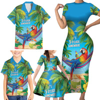 5 Oclock Somewhere Family Matching Short Sleeve Bodycon Dress and Hawaiian Shirt Hawaii Parrots Cocktail Summer Beach Vibe - Polynesian Pride
