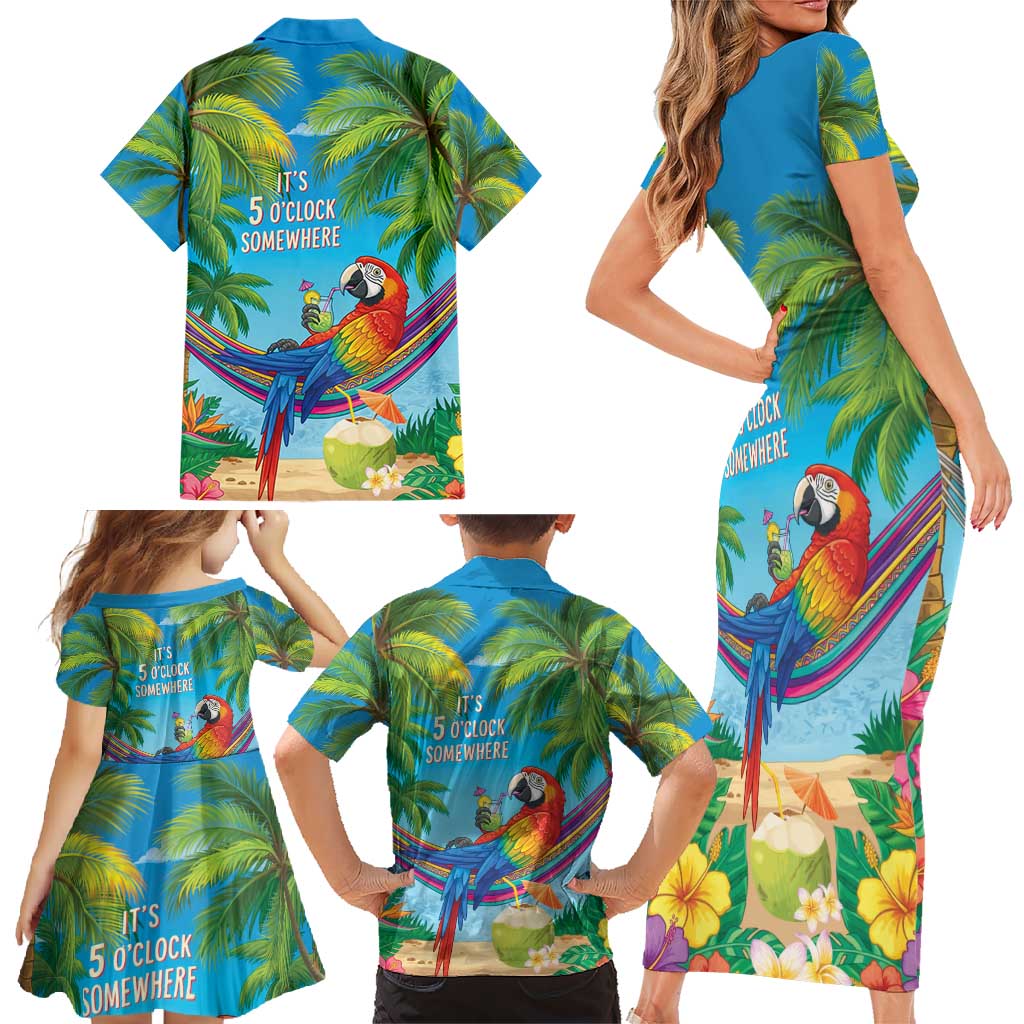 5 Oclock Somewhere Family Matching Short Sleeve Bodycon Dress and Hawaiian Shirt Hawaii Parrots Cocktail Summer Beach Vibe - Polynesian Pride