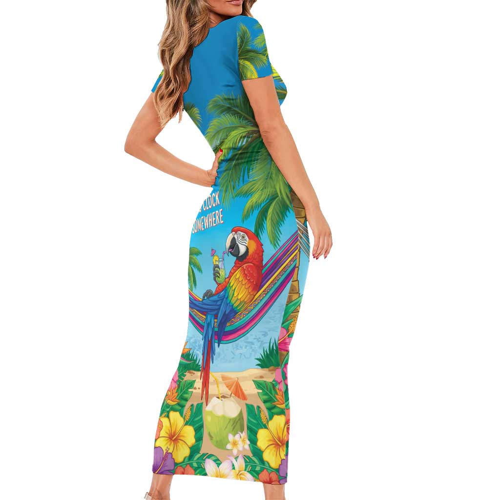 5 Oclock Somewhere Family Matching Short Sleeve Bodycon Dress and Hawaiian Shirt Hawaii Parrots Cocktail Summer Beach Vibe - Polynesian Pride