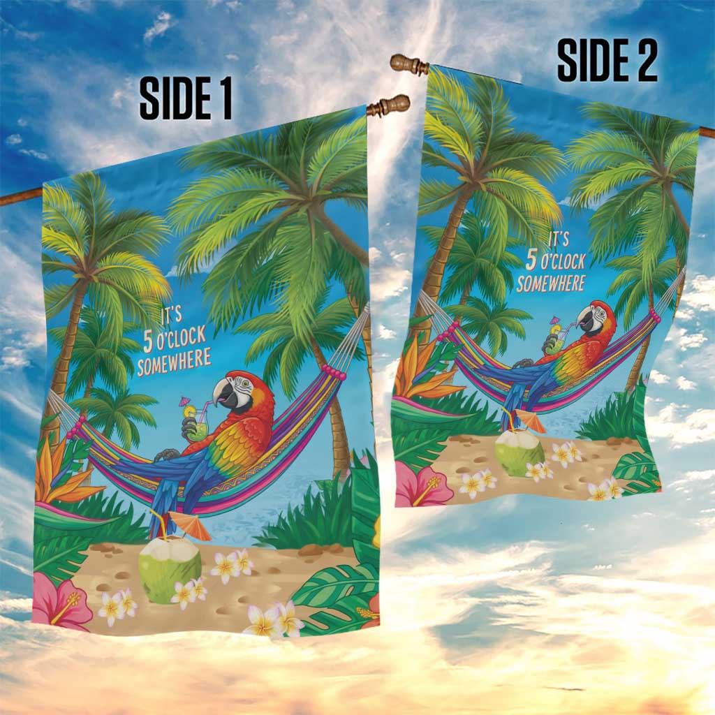 5 Oclock Somewhere Garden Flag Hawaii Parrots Cocktail Summer Beach Vibe - Polynesian Pride