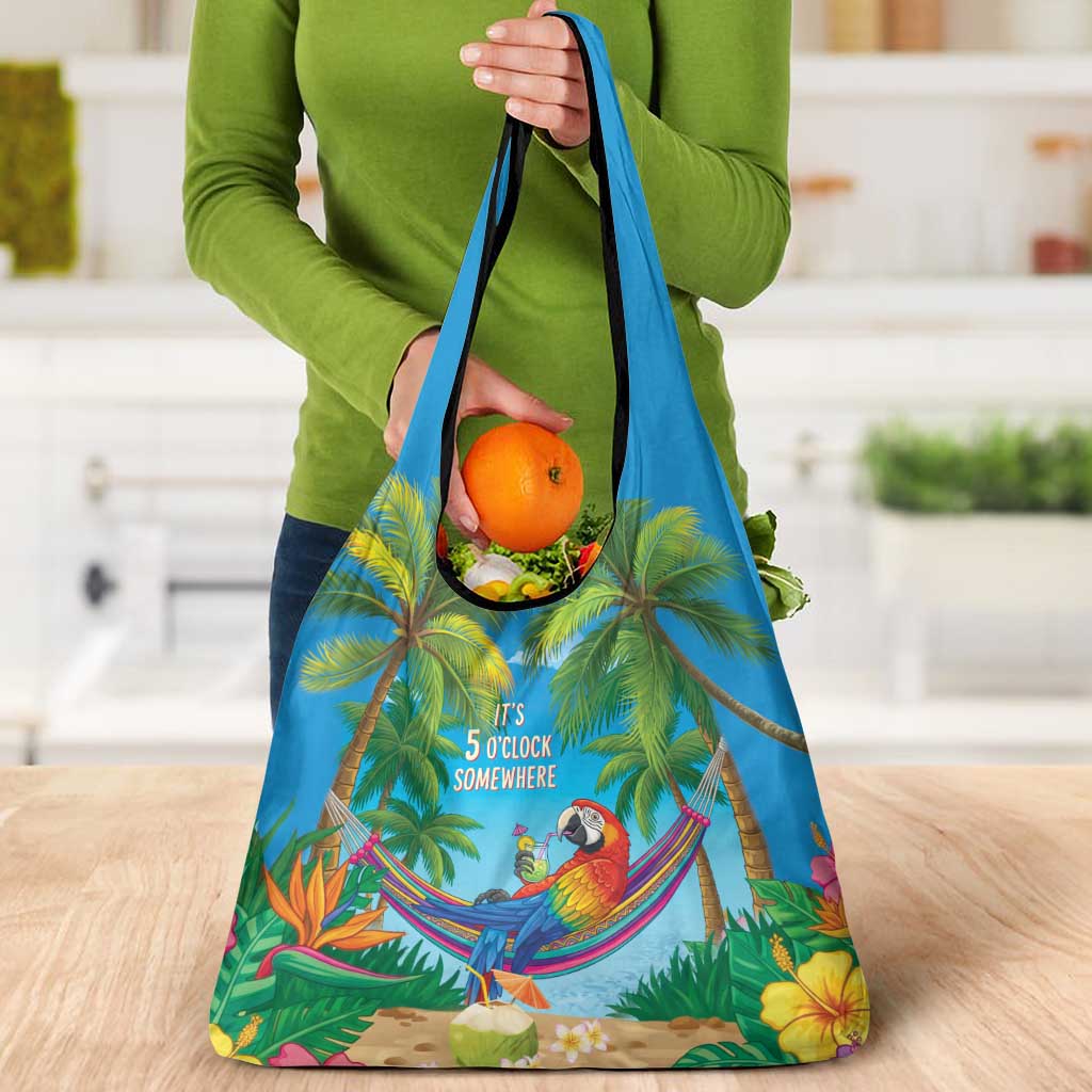 5 Oclock Somewhere Grocery Bag Hawaii Parrots Cocktail Summer Beach Vibe - Polynesian Pride