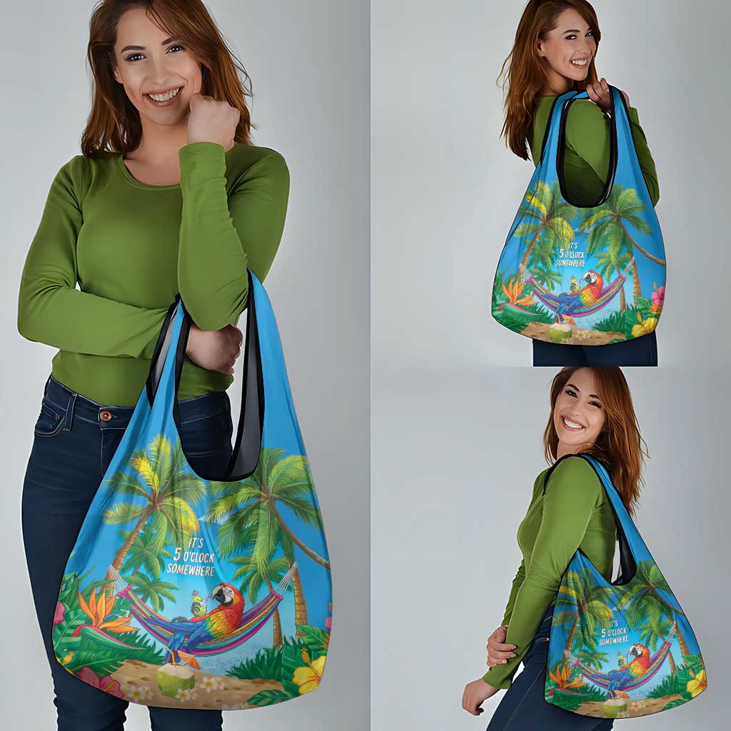 5 Oclock Somewhere Grocery Bag Hawaii Parrots Cocktail Summer Beach Vibe - Polynesian Pride