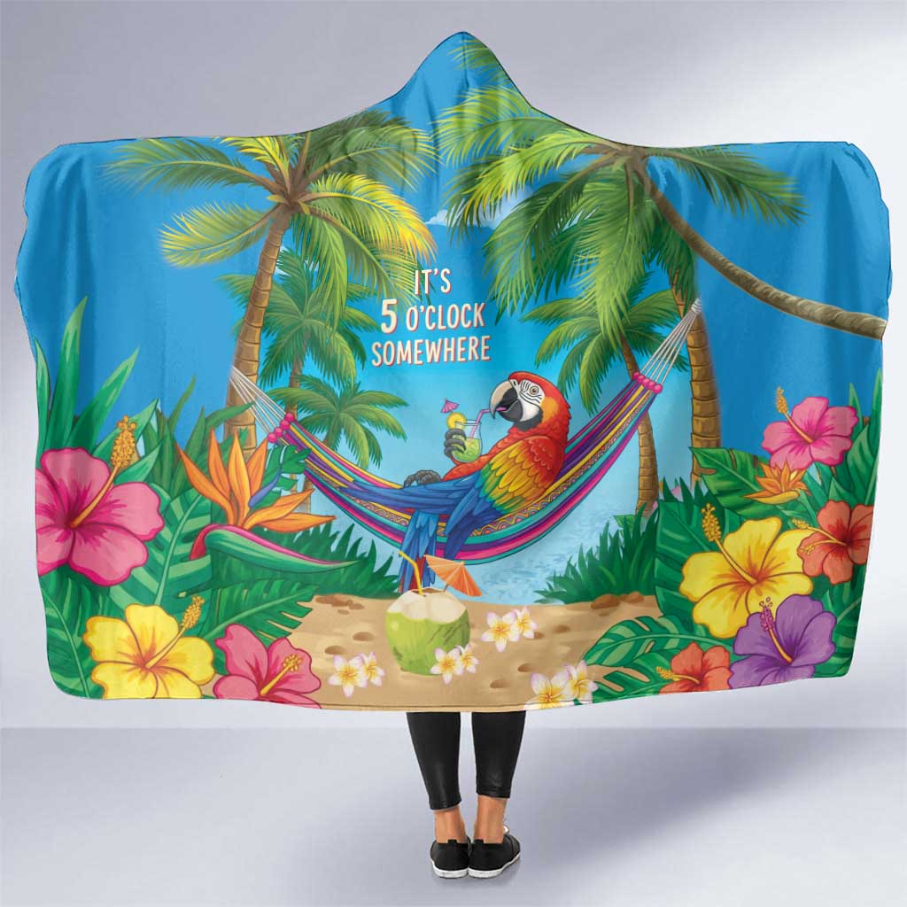 5 Oclock Somewhere Hooded Blanket Hawaii Parrots Cocktail Summer Beach Vibe LT9 One Size Blue - Polynesian Pride