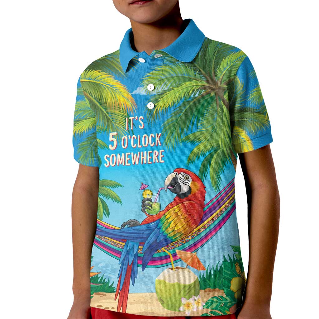 5 Oclock Somewhere Kid Polo Shirt Hawaii Parrots Cocktail Summer Beach Vibe - Polynesian Pride