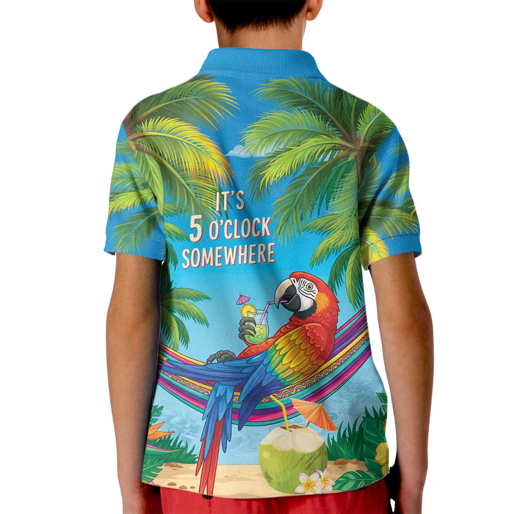 5 Oclock Somewhere Kid Polo Shirt Hawaii Parrots Cocktail Summer Beach Vibe - Polynesian Pride