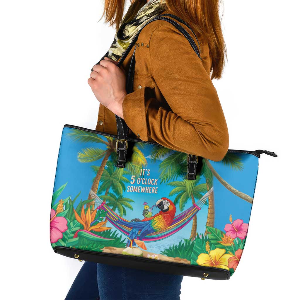 5 Oclock Somewhere Leather Tote Bag Hawaii Parrots Cocktail Summer Beach Vibe LT9 Blue - Polynesian Pride