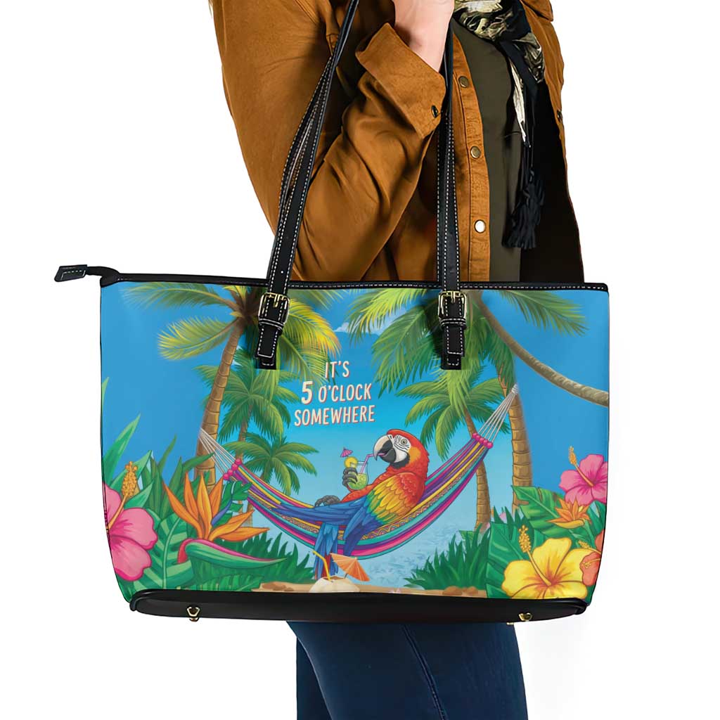 5 Oclock Somewhere Leather Tote Bag Hawaii Parrots Cocktail Summer Beach Vibe LT9 - Polynesian Pride