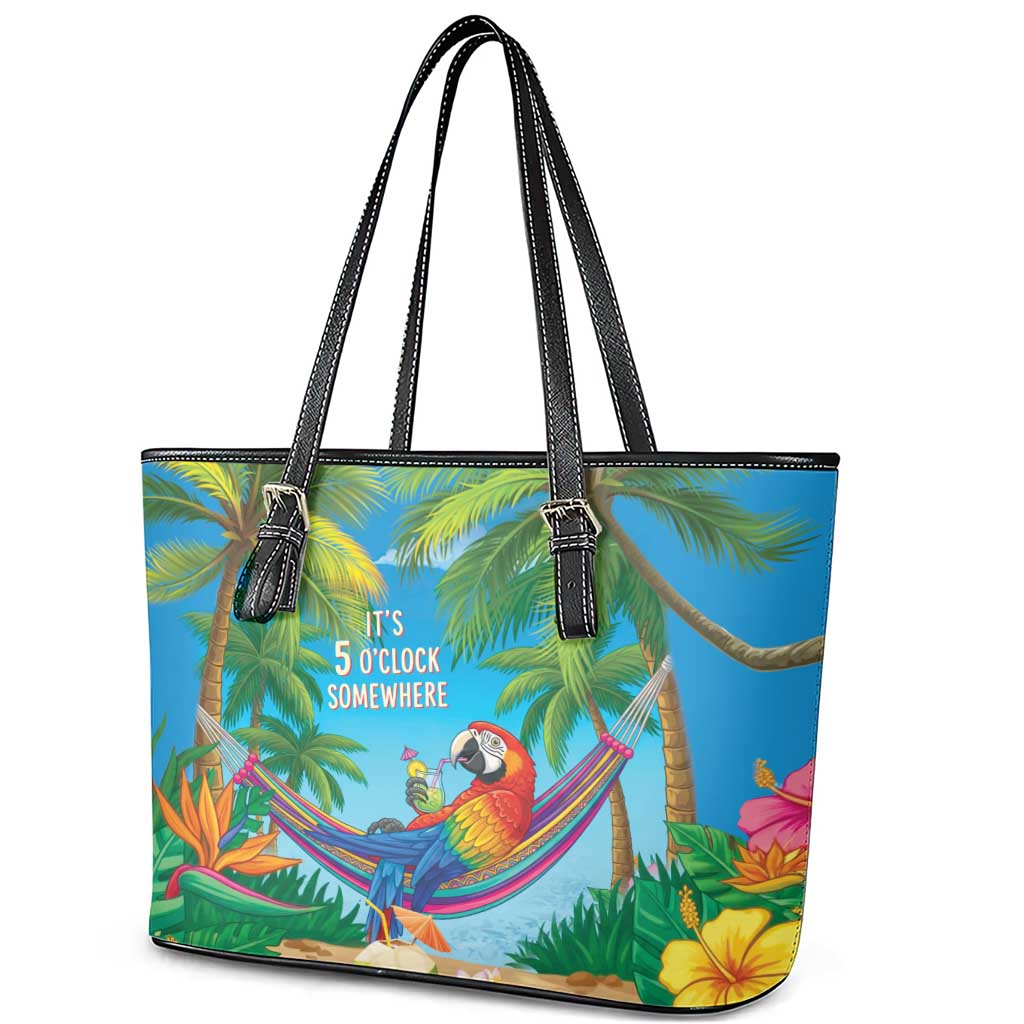 5 Oclock Somewhere Leather Tote Bag Hawaii Parrots Cocktail Summer Beach Vibe LT9 - Polynesian Pride