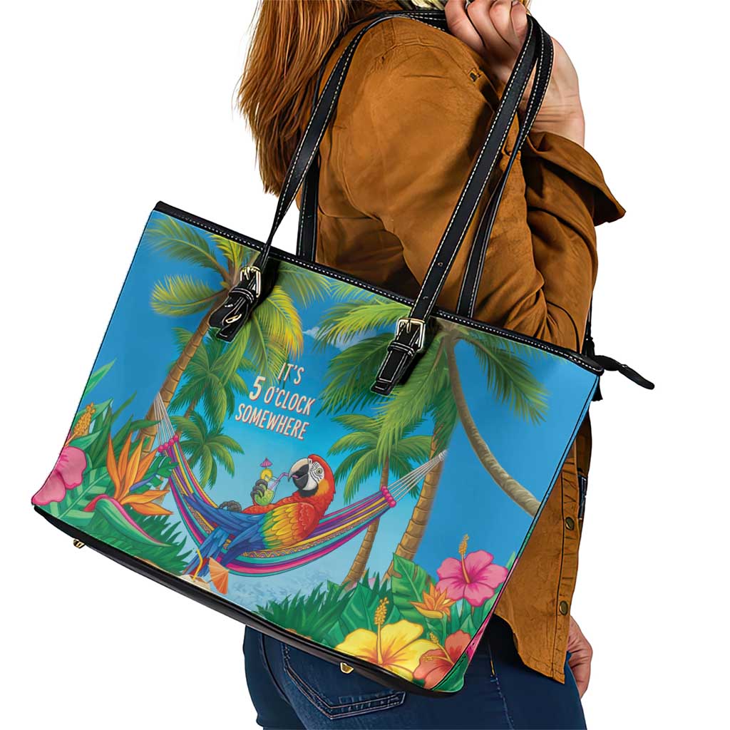 5 Oclock Somewhere Leather Tote Bag Hawaii Parrots Cocktail Summer Beach Vibe LT9 - Polynesian Pride