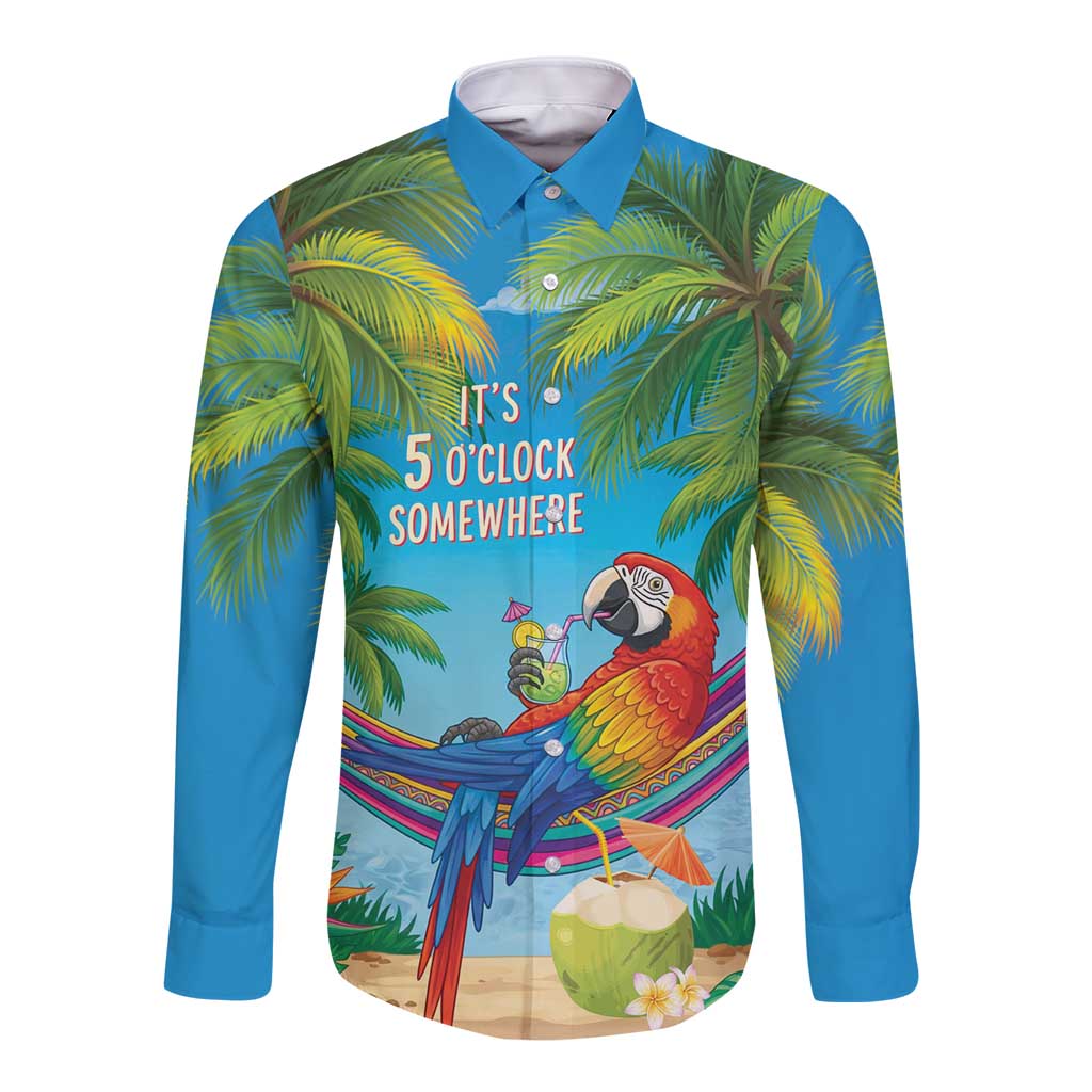 5 Oclock Somewhere Long Sleeve Button Shirt Hawaii Parrots Cocktail Summer Beach Vibe - Polynesian Pride