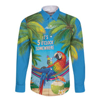 5 Oclock Somewhere Long Sleeve Button Shirt Hawaii Parrots Cocktail Summer Beach Vibe - Polynesian Pride
