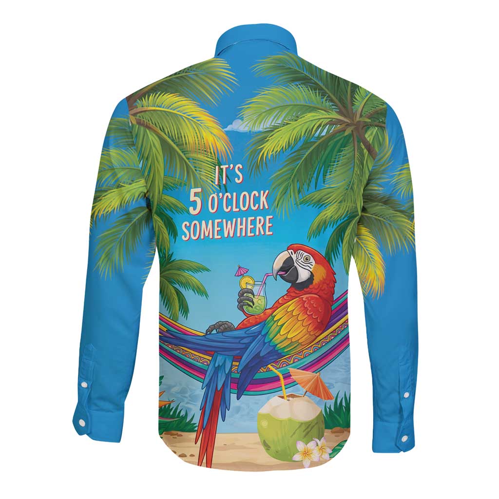5 Oclock Somewhere Long Sleeve Button Shirt Hawaii Parrots Cocktail Summer Beach Vibe - Polynesian Pride