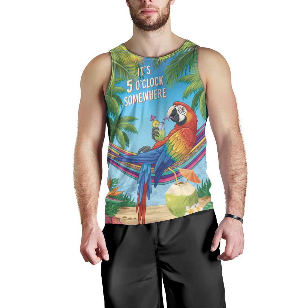 5 Oclock Somewhere Men Tank Top Hawaii Parrots Cocktail Summer Beach Vibe - Polynesian Pride
