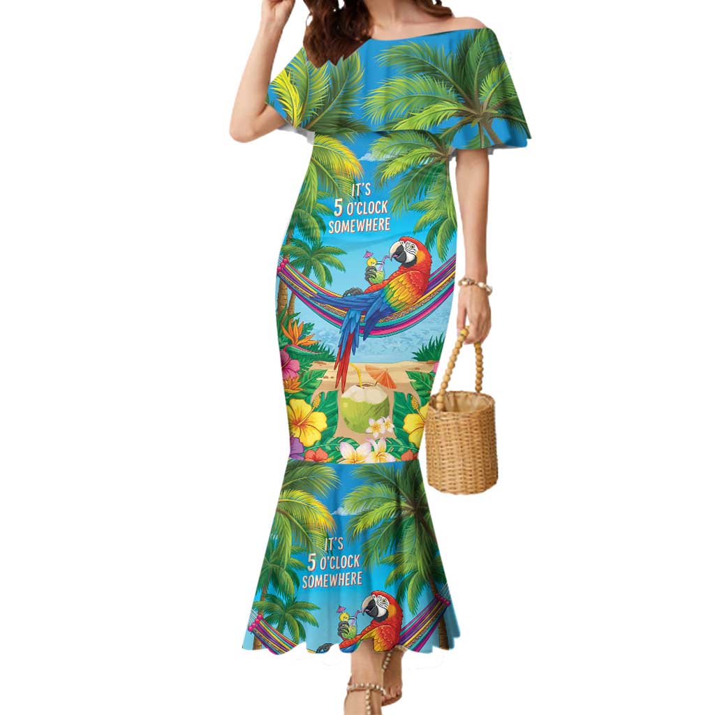 5 Oclock Somewhere Mermaid Dress Hawaii Parrots Cocktail Summer Beach Vibe - Polynesian Pride