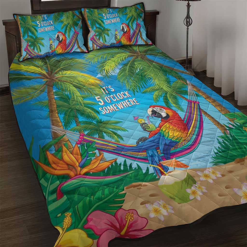 5 Oclock Somewhere Quilt Bed Set Hawaii Parrots Cocktail Summer Beach Vibe - Polynesian Pride