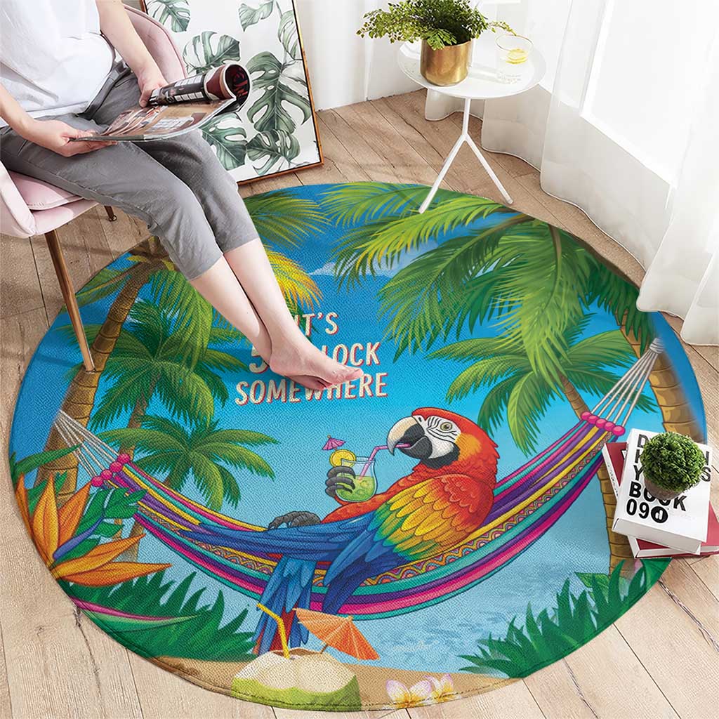 5 Oclock Somewhere Round Carpet Hawaii Parrots Cocktail Summer Beach Vibe - Polynesian Pride