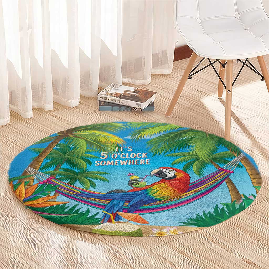 5 Oclock Somewhere Round Carpet Hawaii Parrots Cocktail Summer Beach Vibe - Polynesian Pride