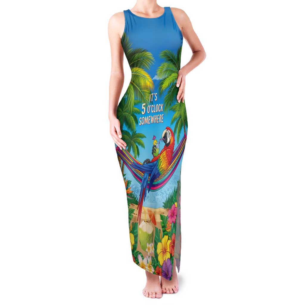 5 Oclock Somewhere Tank Maxi Dress Hawaii Parrots Cocktail Summer Beach Vibe - Polynesian Pride