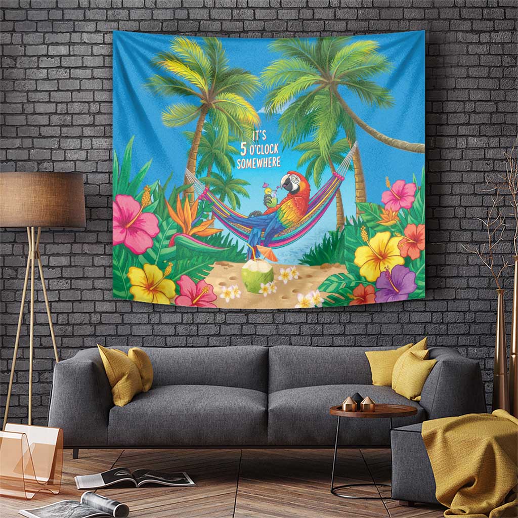 5 Oclock Somewhere Tapestry Hawaii Parrots Cocktail Summer Beach Vibe LT9 Blue - Polynesian Pride